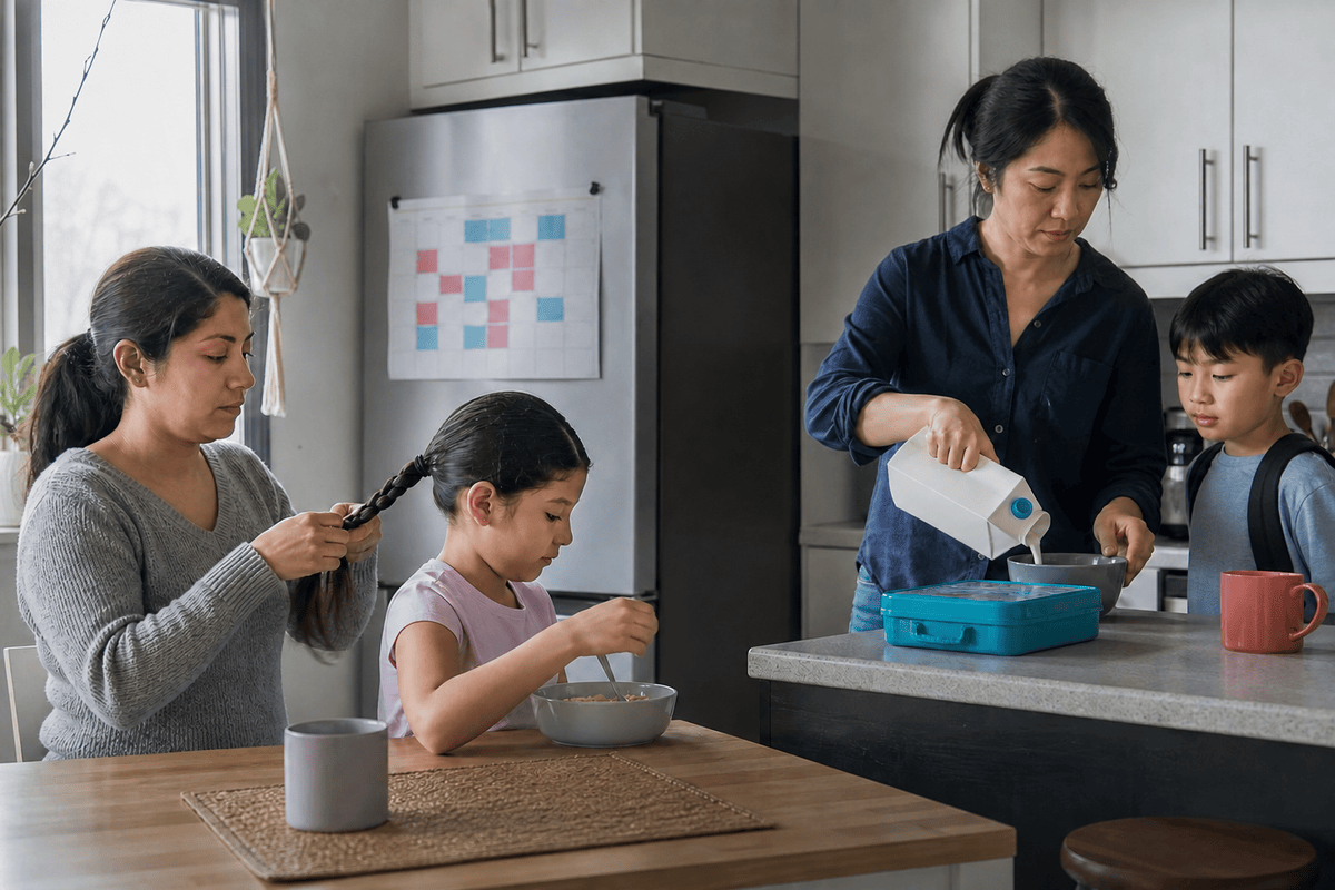 Two single mothers who share an apartment get their children ready for school in the kitchen